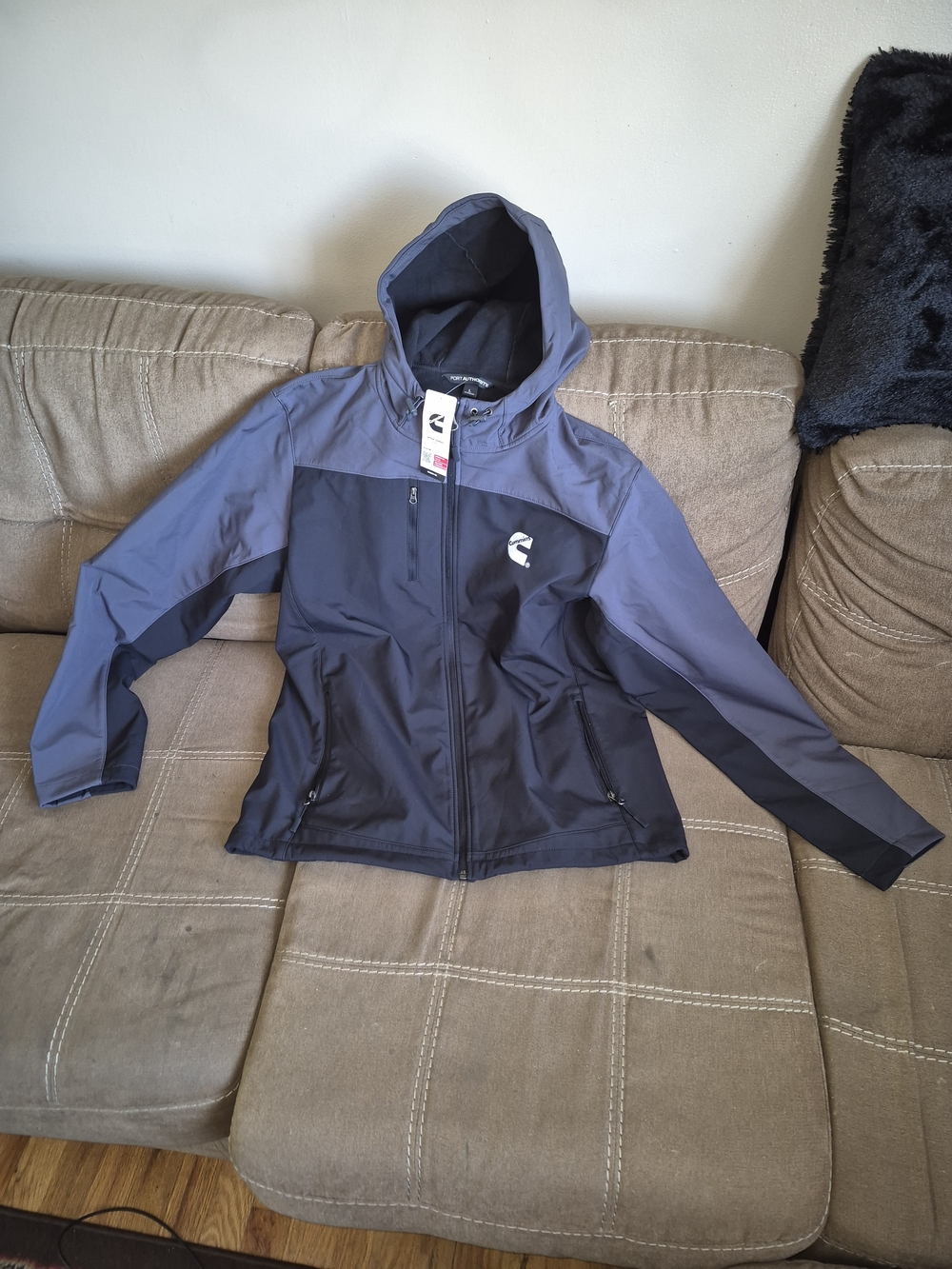 Port Authority Navy and Black Hooded Soft-Shell Cummins Logo Jacket